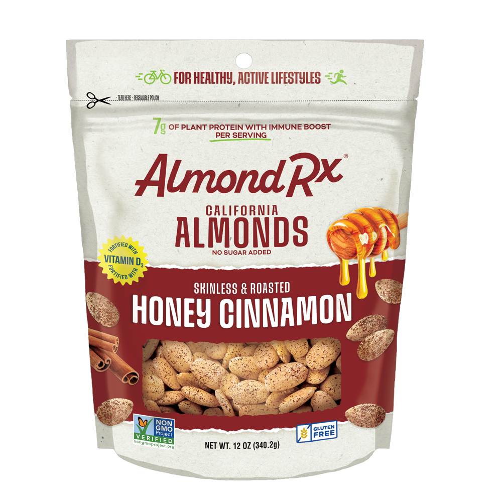 Resealable Pouch Honey Cinnamon Skinless and Roasted Almonds – Fortified with Vitamin D3