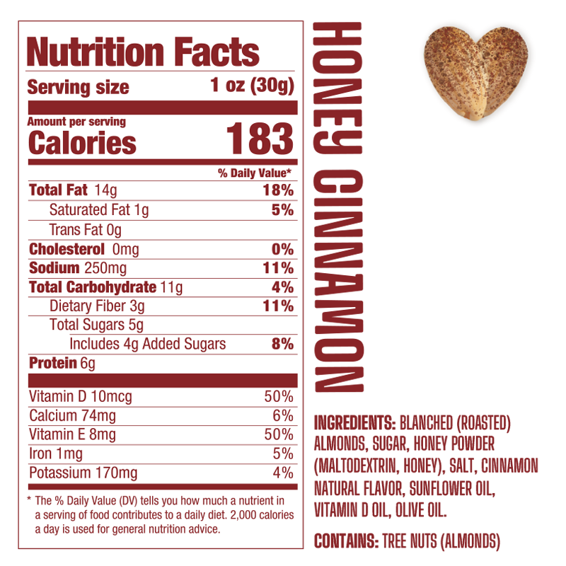Resealable Pouch Honey Cinnamon Skinless and Roasted Almonds – Fortified with Vitamin D3