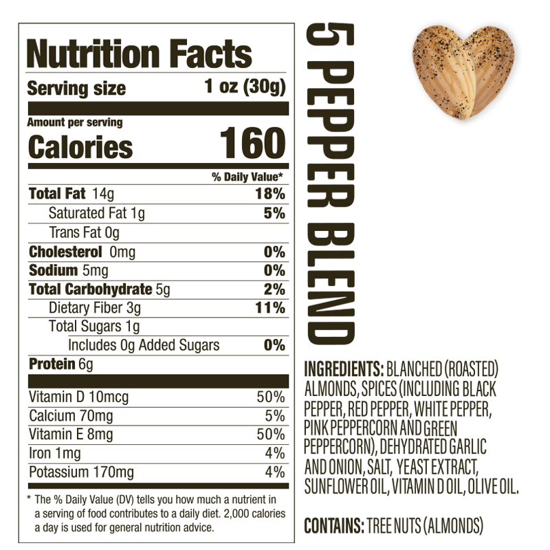 Resealable Pouch Five Pepper Blend Skinless and Roasted Almonds – Fortified with Vitamin D3