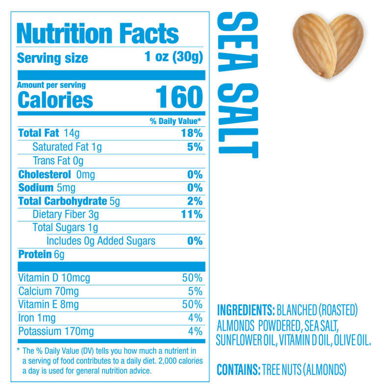 Resealable Pouch Sea Salt Skinless and Roasted Almonds – Fortified with Vitamin D3
