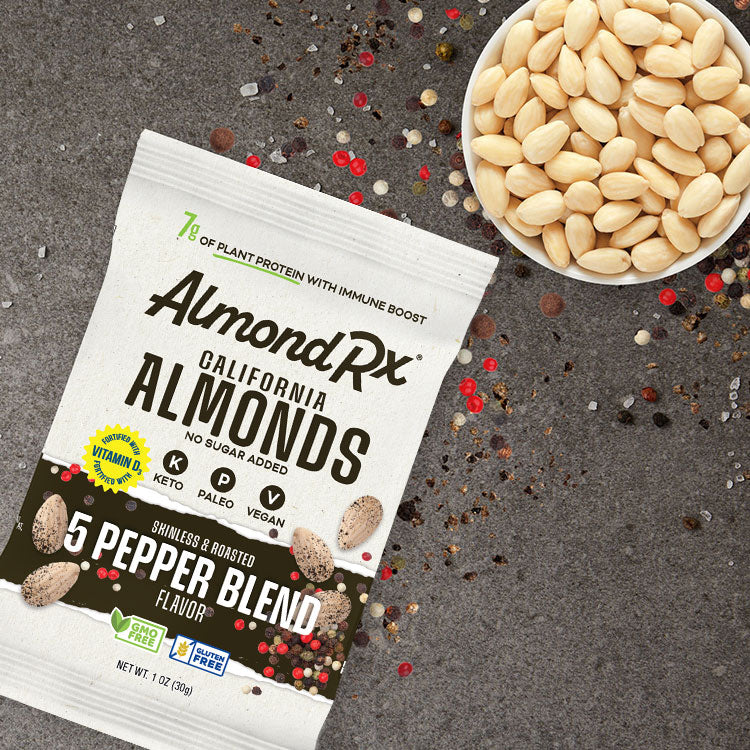 AlmondRx Five Pepper Blend Almonds with Vitamin D – bold, non-GMO seasoning with added nutrients.