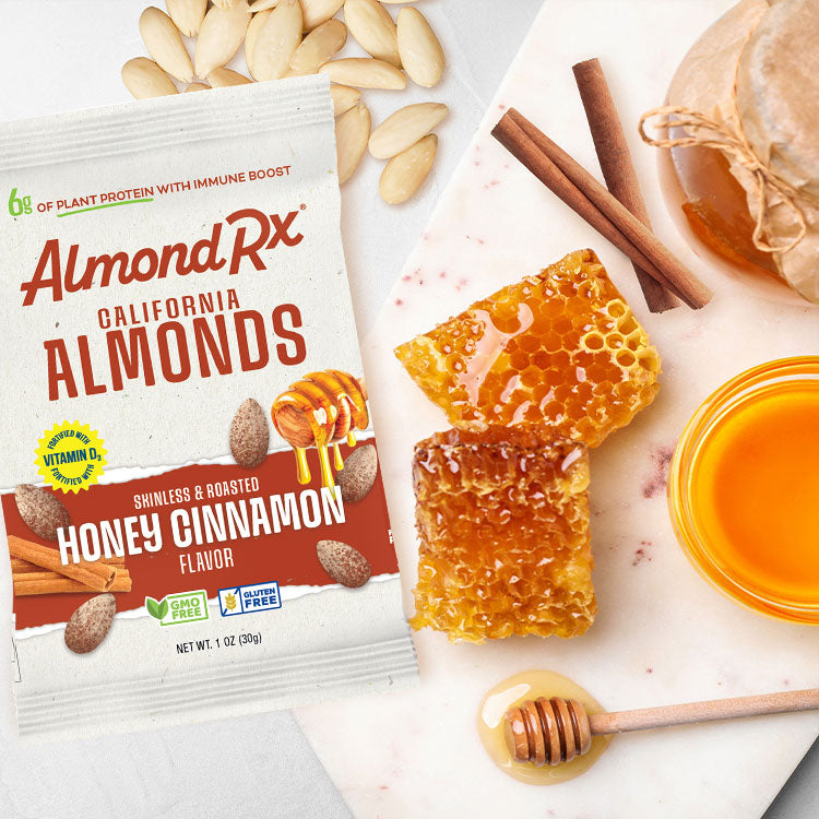 AlmondRx Honey Cinnamon Almonds with Vitamin D – a naturally sweet, non-GMO blend with added nutrients.