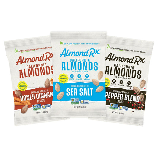 AlmondRx snack pack with multiple varieties of flavored almonds.