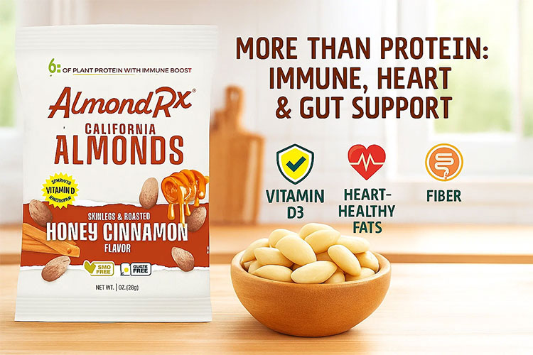 Infographic showing health benefits of AlmondRx almonds including immune support, energy, and digestion.