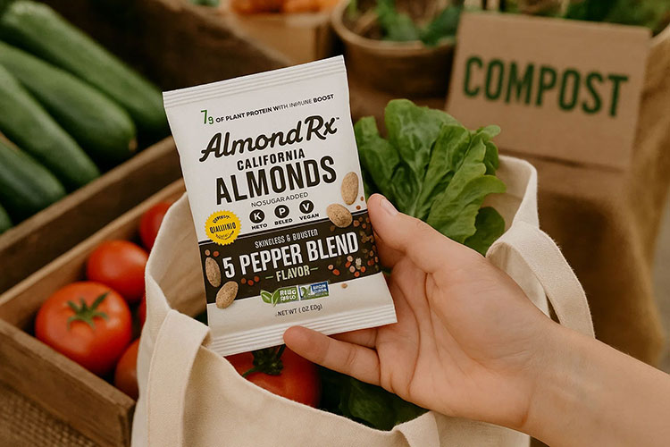 Hand holding AlmondRx 5 Pepper Blend in green packaging at a farmers market, emphasizing sustainable food choices and natural ingredients.