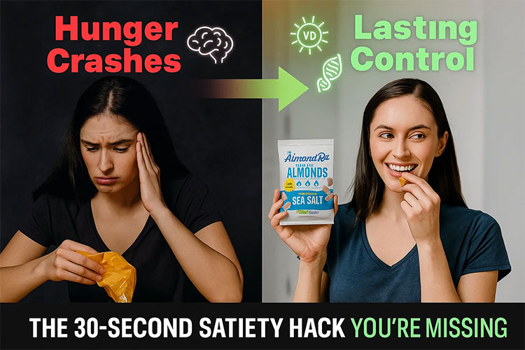Woman practicing mindful eating with blanched AlmondRx almonds, slowly chewing to activate satiety and regulate hunger signals for improved portion control