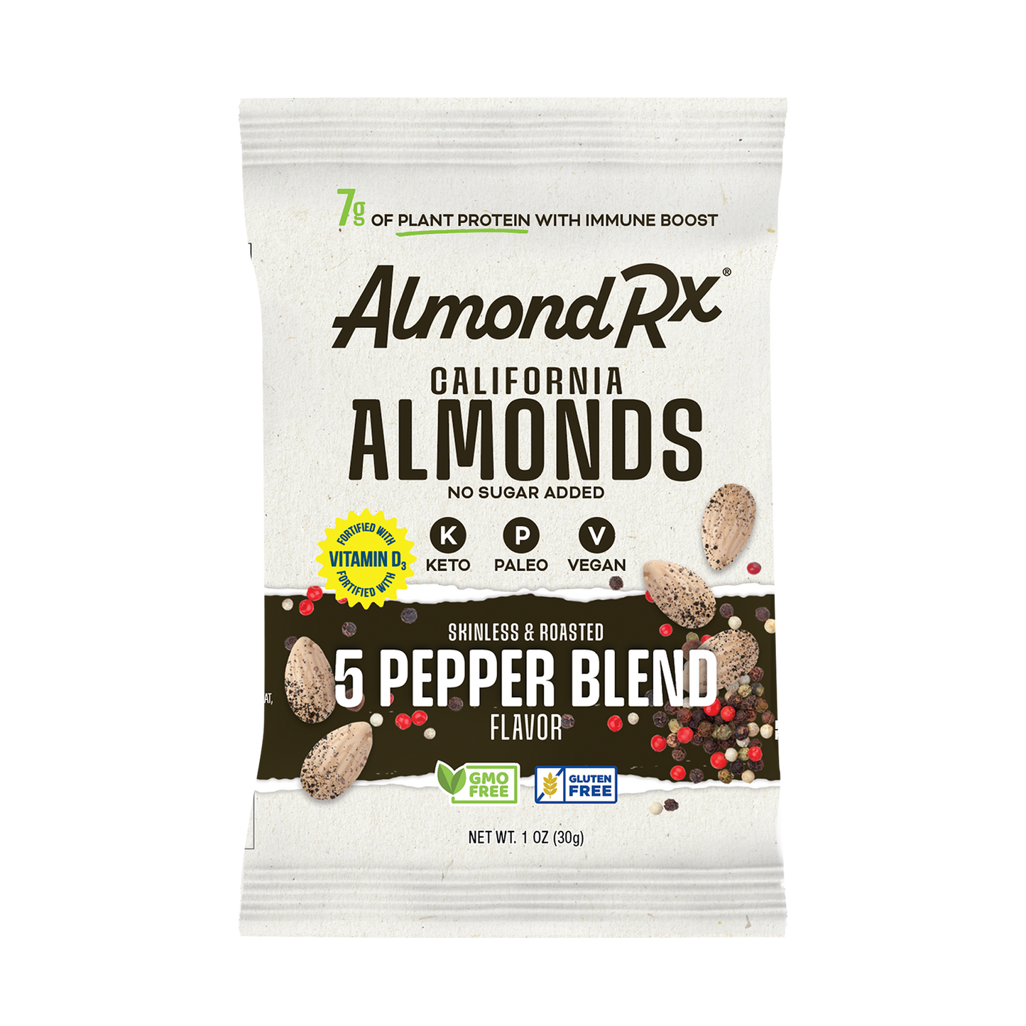 AlmondRx Multiple Snack Packs - Heart Healthy Skinless and Roasted 5 Pepper Blend Fortified with Vitamin D3