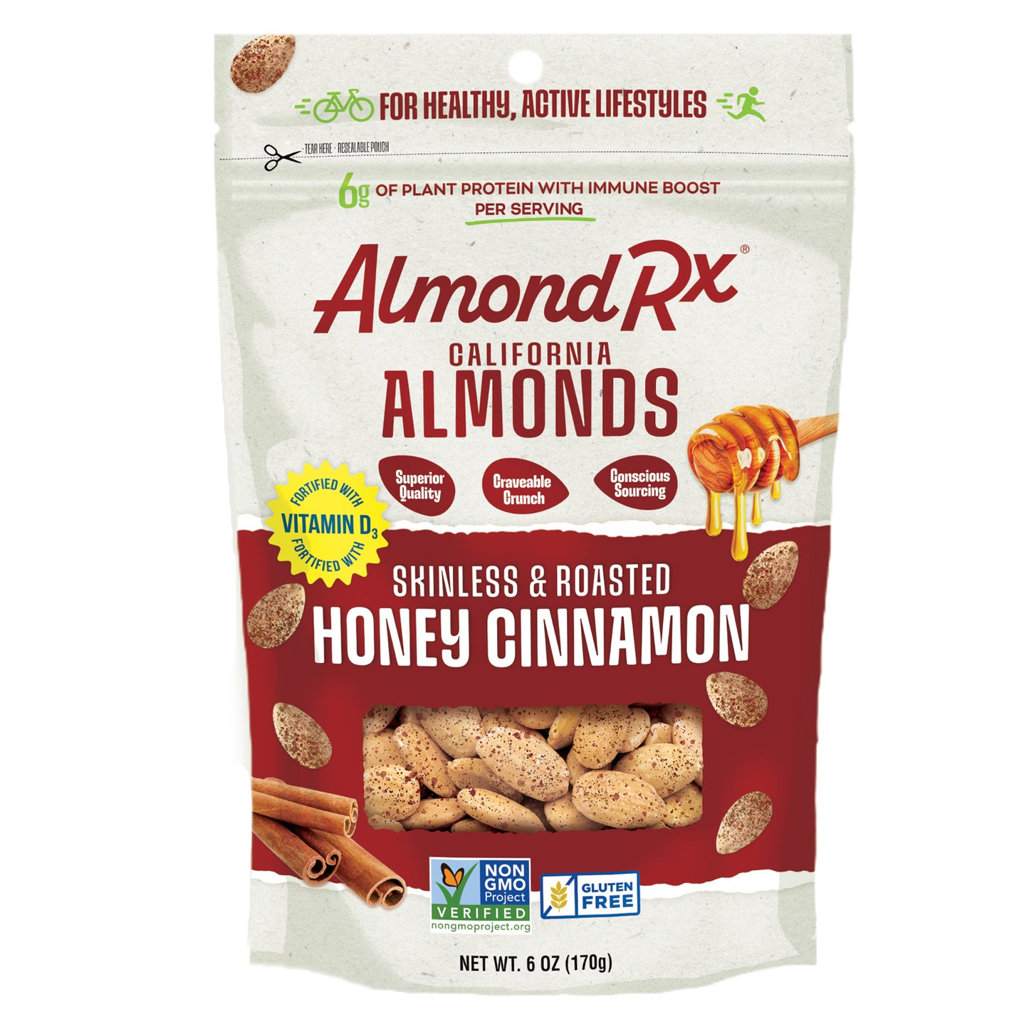 Resealable Pouch Honey Cinnamon Skinless and Roasted Almonds – Fortified with Vitamin D3