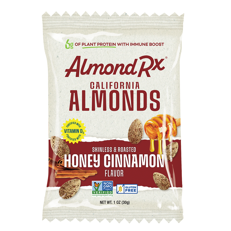 AlmondRx almonds in Honey Cinnamon Flavor, 1 ounce package.