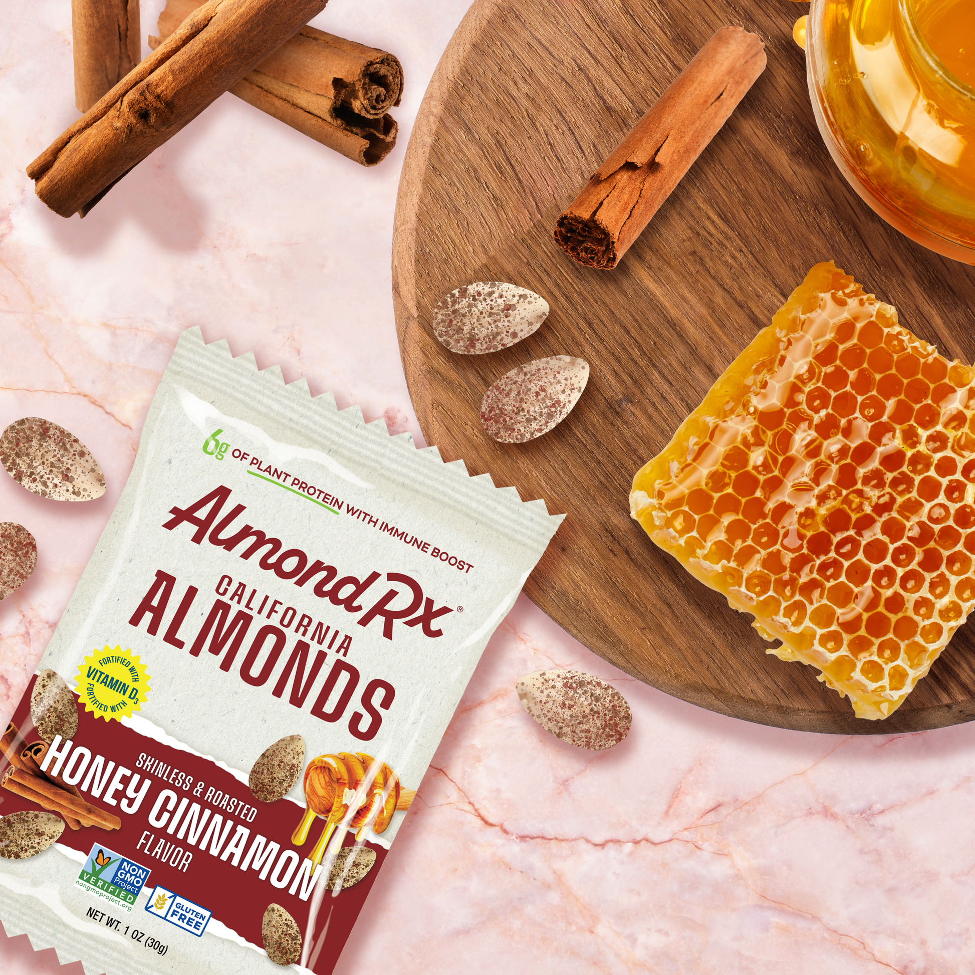 1 ounce package of almonds with honey and cinnamon.