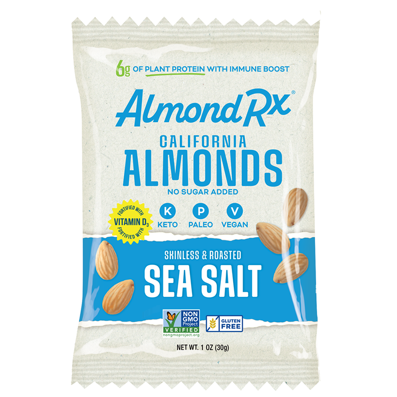 AlmondRx one ounce package of sea salt flavor almonds.