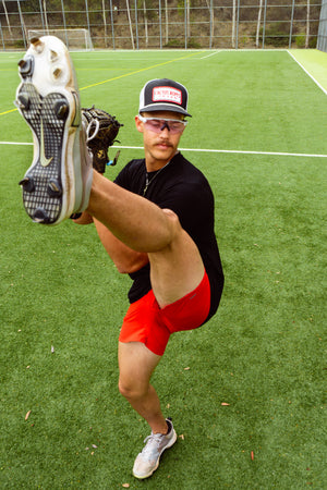 Colton LaFave, SDSU star pitcher, showing off his high kick when pitching.