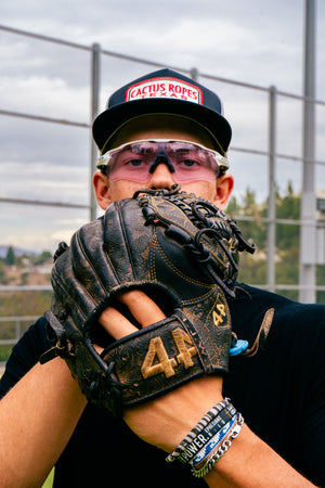 Colton LaFave, SDSU star pitcher, sizing up his opponent from over his glove.
