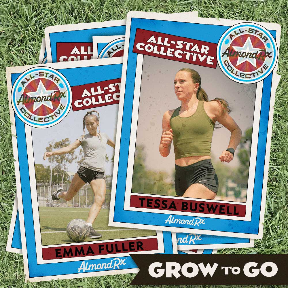 Trading cards of Tessa Buswell and Emma Fuller with Almond Rx branding on a grass background.