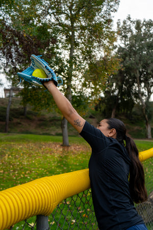 Kaylee Oh, star softball player for SDSU, makes the grab in the outfield.