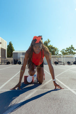 Takiyah Blue, NCAA Division 1 sprinter, at the starting block.