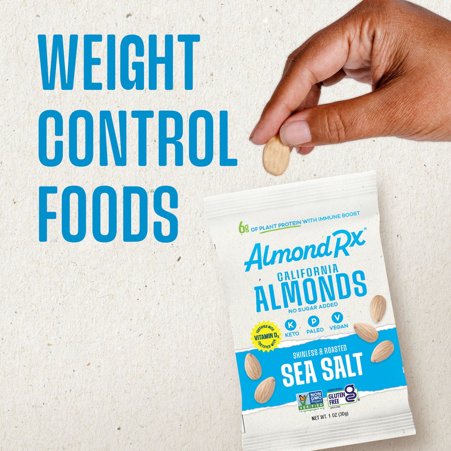 AlmondRx Multiple Snack Packs - Heart Healthy Skinless and Roasted with Sea Salt Fortified with Vitamin D3